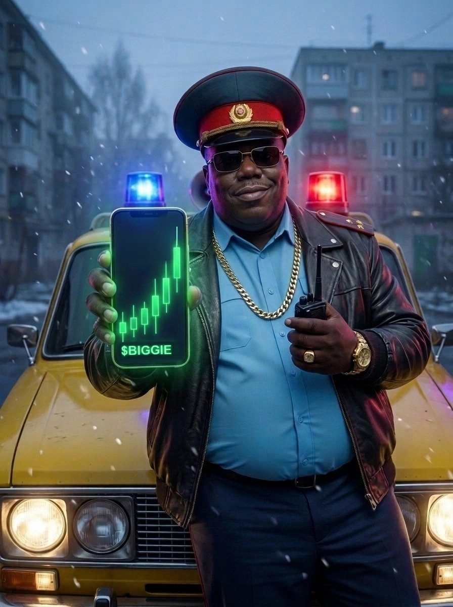 Comrade Biggie with a confident smirk leaning on the yellow hood of his Militia Zhiguli in falling snow, holding a walkie-talkie and a smartphone showing $BIGGIE green candles