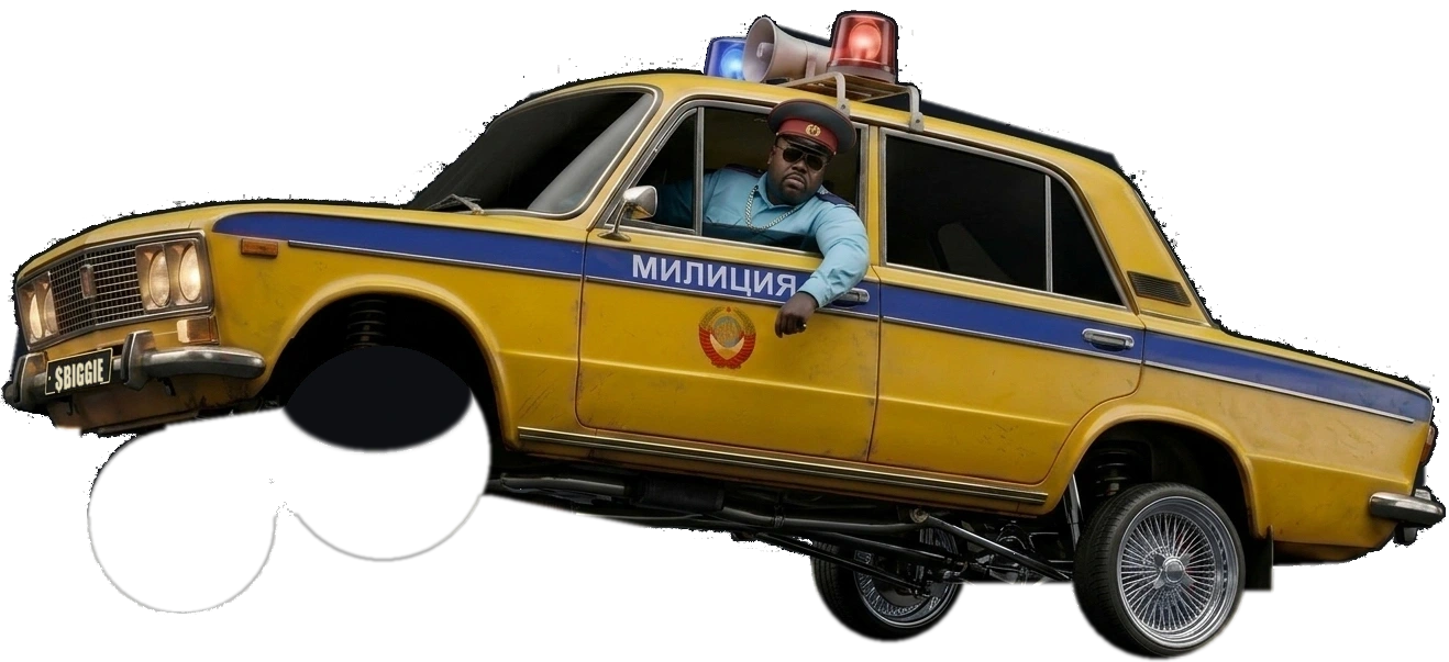Hydraulic lowrider Soviet Militia yellow-and-blue VAZ-2106 in Three-Wheel Motion on 100-spoke chrome Dayton wire wheels, 5% limo tint, and Big Poppa leaning out of the window